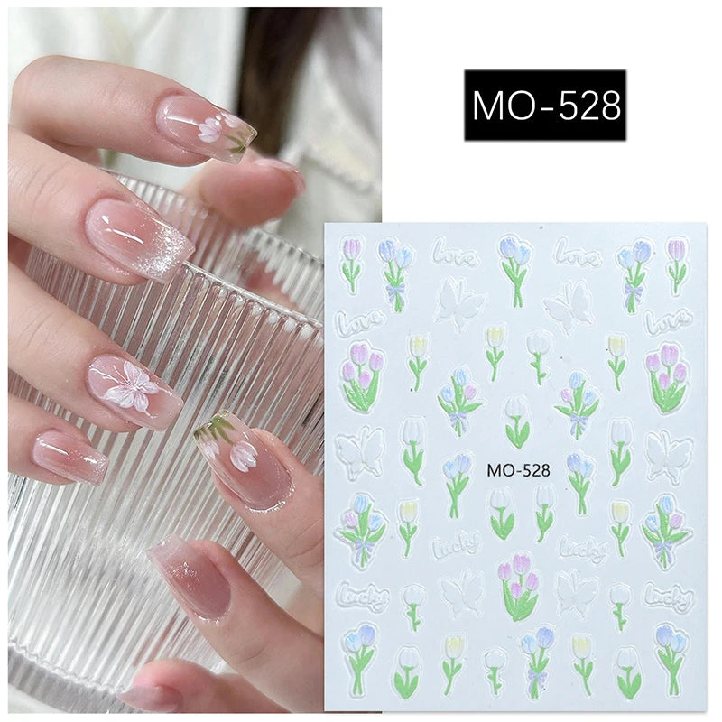 Spring Tulip Relief Embossed Nail Sticker Nail Decals Self-adhesive Flowers Manicure Sliders Mobile Phone Shell Decoration