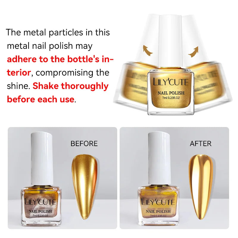LILYCUTE 7ml 2Bottles Super Bright Metallic Nail Polish No Need Lamp Quick Dry Glass Bottle Regular Polish Long Lasting Nail Art