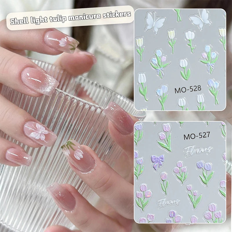 Spring Tulip Relief Embossed Nail Sticker Nail Decals Self-adhesive Flowers Manicure Sliders Mobile Phone Shell Decoration