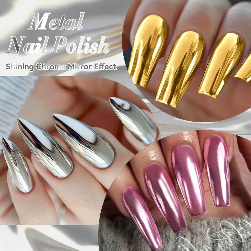 LILYCUTE 7ml 2Bottles Super Bright Metallic Nail Polish No Need Lamp Quick Dry Glass Bottle Regular Polish Long Lasting Nail Art