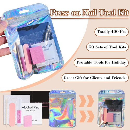 50 Set Press On Nail Tool Prep Kit for Salon Business Disposable Manicure Kit with Nail File Buffer Glue Prep Pad Instruction C