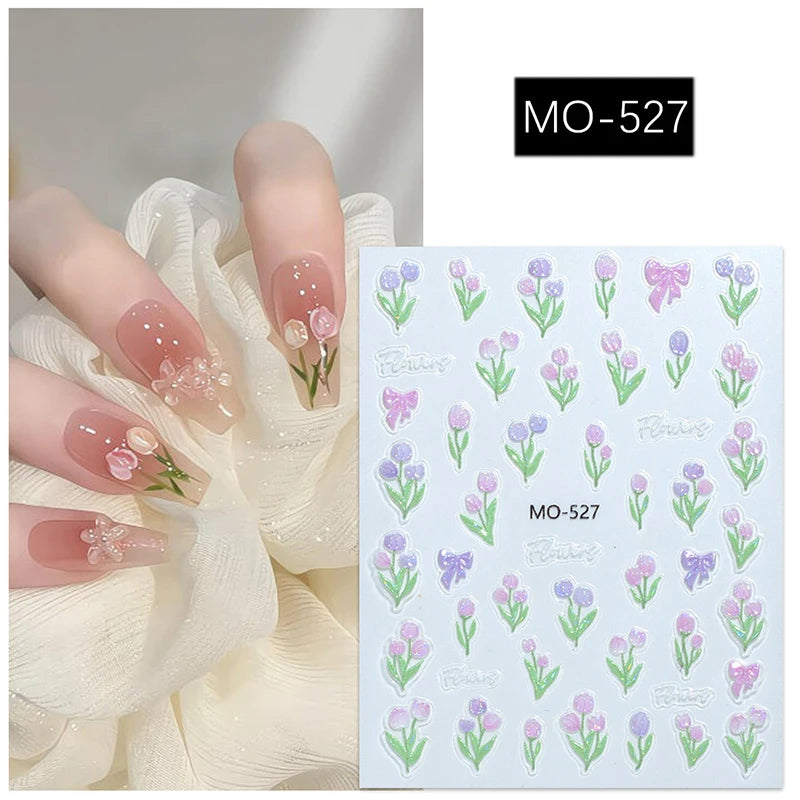 Spring Tulip Relief Embossed Nail Sticker Nail Decals Self-adhesive Flowers Manicure Sliders Mobile Phone Shell Decoration