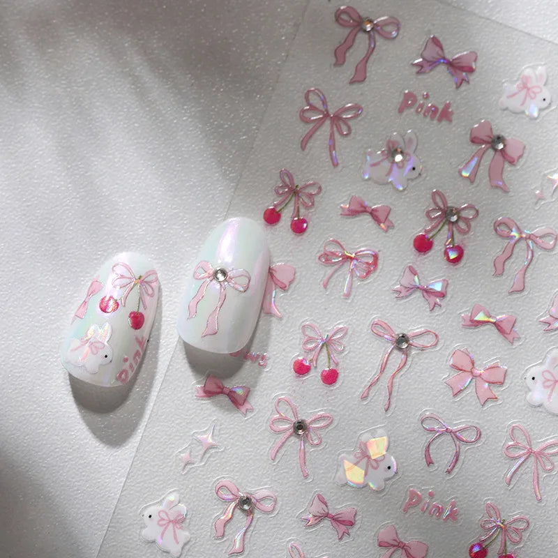 1pcs Pink Bule Bow Nail Sticker Mini Ribbon Rhinestones 3D Self Adhesive Nail Art Decoration Parts Stickers Manicure Decals DIY