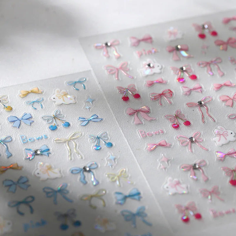1pcs Pink Bule Bow Nail Sticker Mini Ribbon Rhinestones 3D Self Adhesive Nail Art Decoration Parts Stickers Manicure Decals DIY