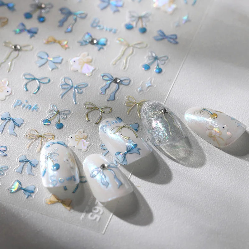 1pcs Pink Bule Bow Nail Sticker Mini Ribbon Rhinestones 3D Self Adhesive Nail Art Decoration Parts Stickers Manicure Decals DIY